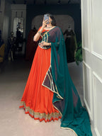 Lorenvalley Orange Pure Rayon Embossed Design Lace Touch Up Lehenga Choli with Dupatta | Grocsy