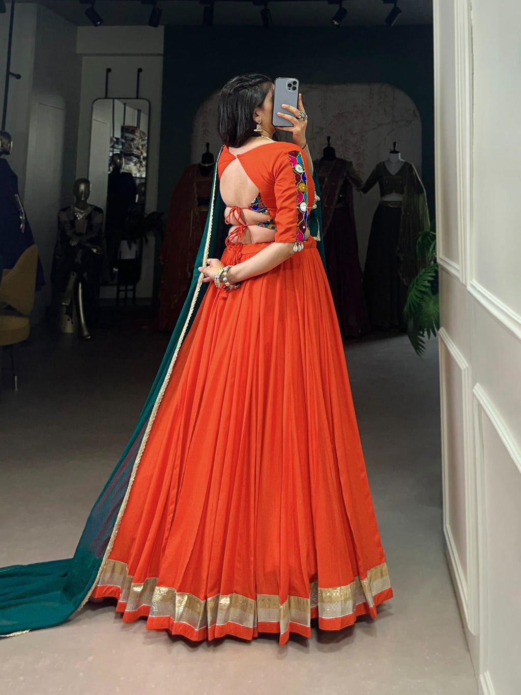 Lorenvalley Orange Pure Rayon Embossed Design Lace Touch Up Lehenga Choli with Dupatta | Grocsy