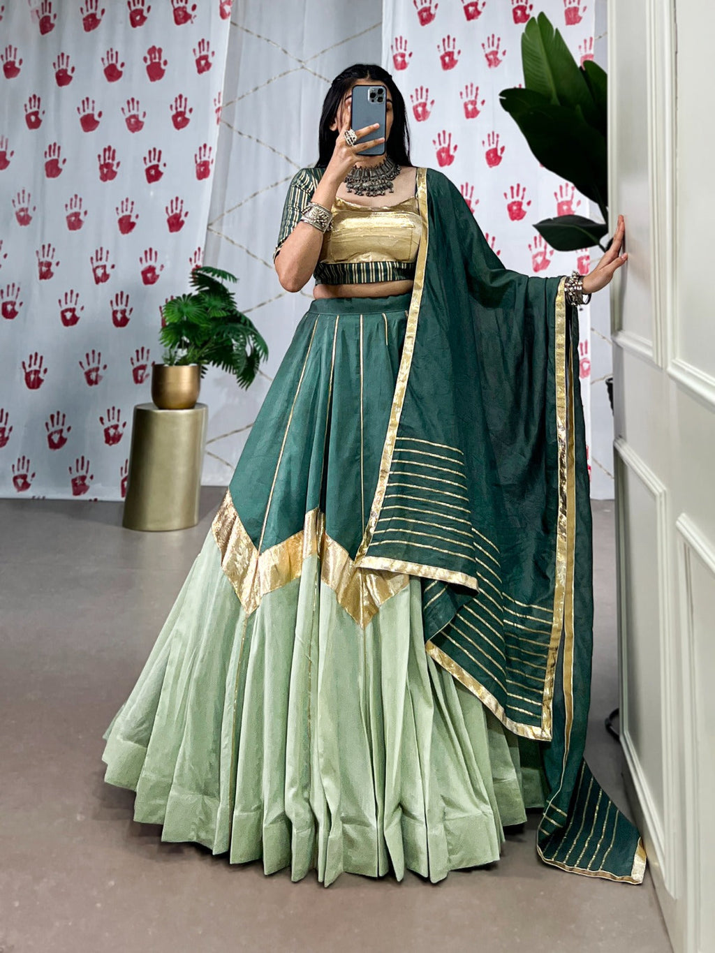 Lorenvalley Seagreen Pure Chanderi Embossed Design And Gotta Patti Lace Touch Up Lehenga Choli with Dupatta | Grocsy