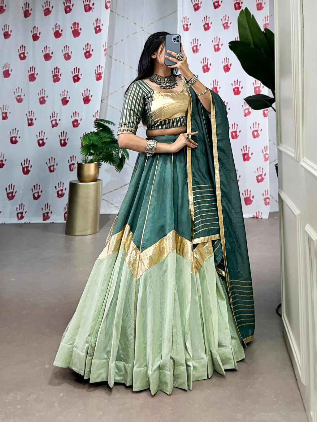 Lorenvalley Seagreen Pure Chanderi Embossed Design And Gotta Patti Lace Touch Up Lehenga Choli with Dupatta | Grocsy
