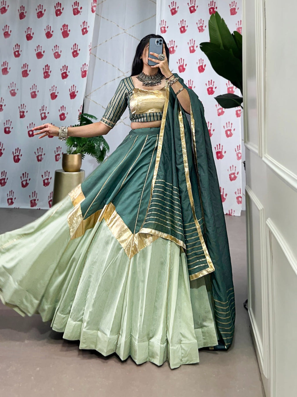 Lorenvalley Seagreen Pure Chanderi Embossed Design And Gotta Patti Lace Touch Up Lehenga Choli with Dupatta | Grocsy