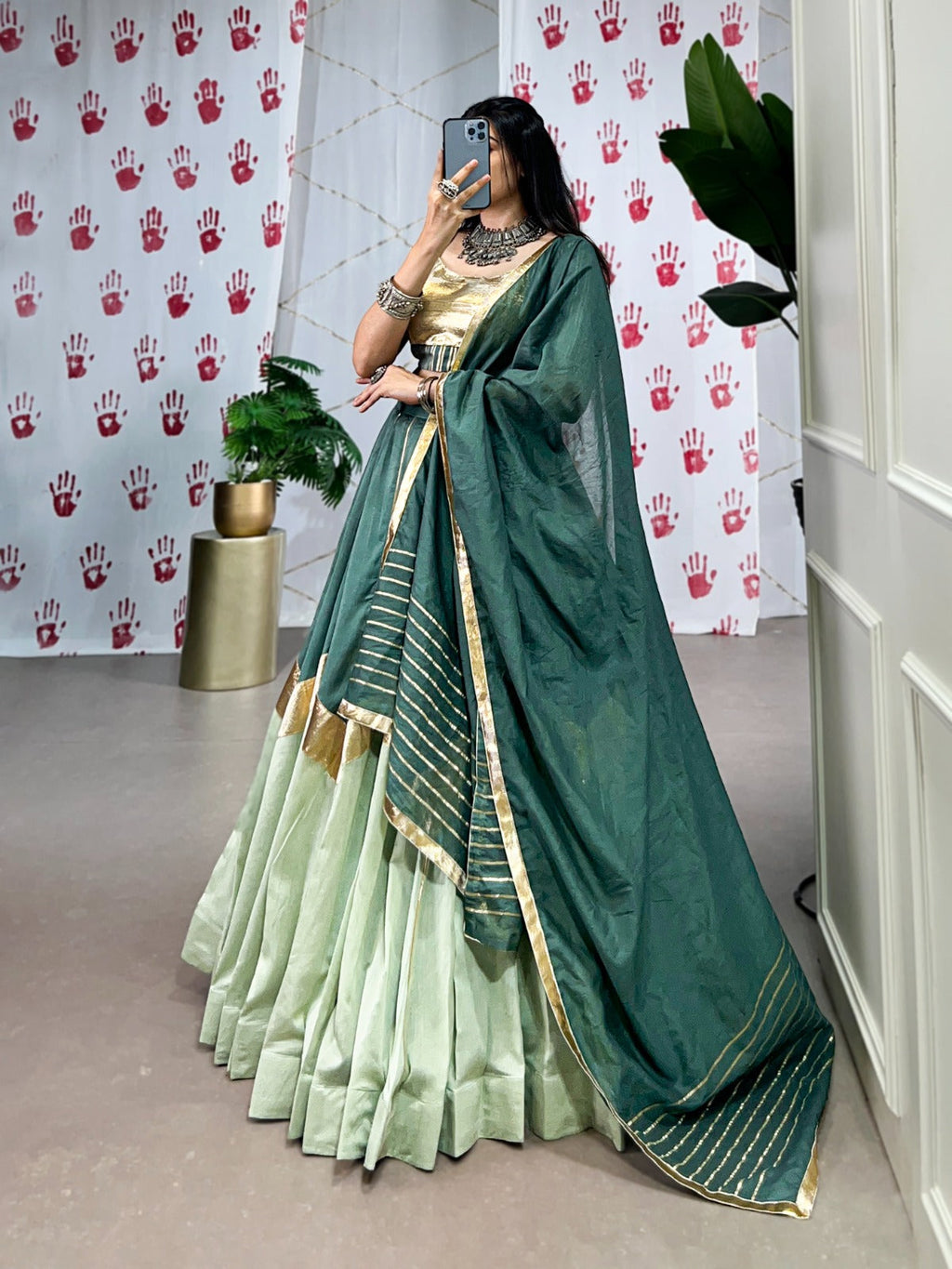 Lorenvalley Seagreen Pure Chanderi Embossed Design And Gotta Patti Lace Touch Up Lehenga Choli with Dupatta | Grocsy