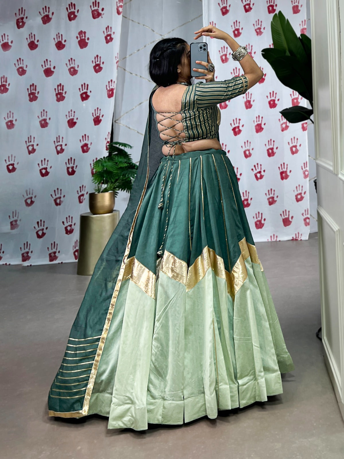 Lorenvalley Seagreen Pure Chanderi Embossed Design And Gotta Patti Lace Touch Up Lehenga Choli with Dupatta | Grocsy