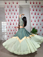 Lorenvalley Seagreen Pure Chanderi Embossed Design And Gotta Patti Lace Touch Up Lehenga Choli with Dupatta | Grocsy