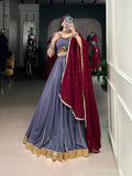 Lorenvalley Darkgrey Pure Rayon Embossed Design With Gotta Patti Lace Touch Up Lehenga Choli with Dupatta | Grocsy