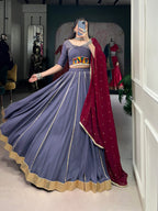 Lorenvalley Darkgrey Pure Rayon Embossed Design With Gotta Patti Lace Touch Up Lehenga Choli with Dupatta | Grocsy