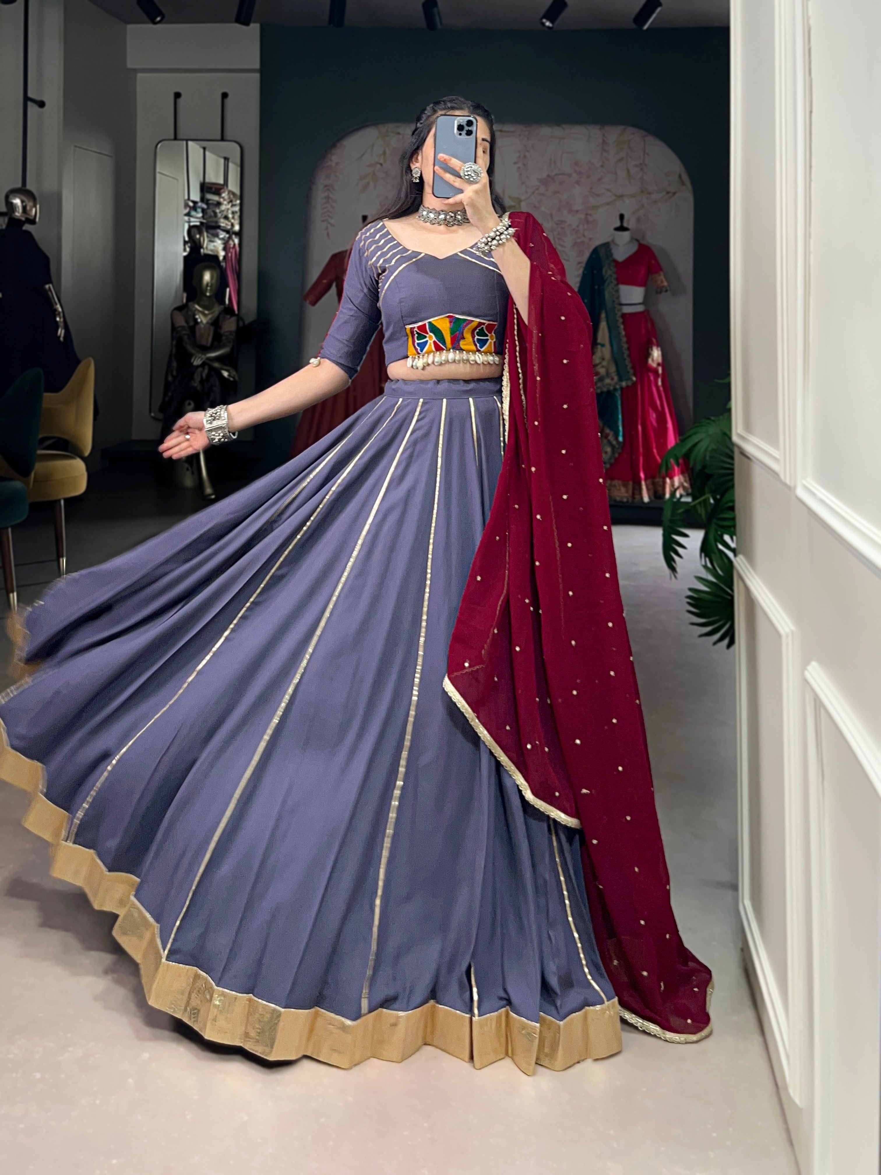 Lorenvalley Darkgrey Pure Rayon Embossed Design With Gotta Patti Lace Touch Up Lehenga Choli with Dupatta | Grocsy