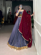 Lorenvalley Darkgrey Pure Rayon Embossed Design With Gotta Patti Lace Touch Up Lehenga Choli with Dupatta | Grocsy