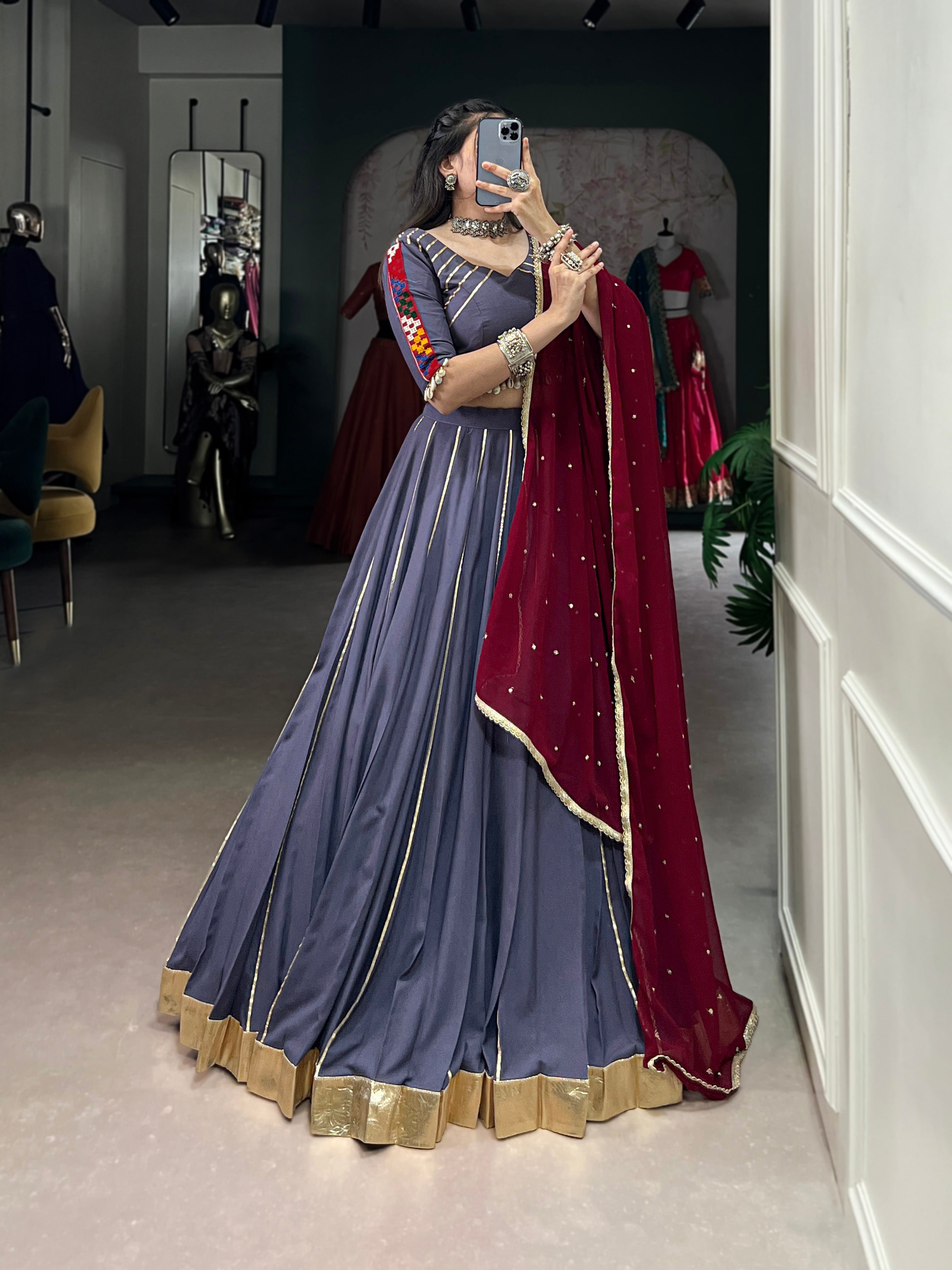 Lorenvalley Darkgrey Pure Rayon Embossed Design With Gotta Patti Lace Touch Up Lehenga Choli with Dupatta | Grocsy
