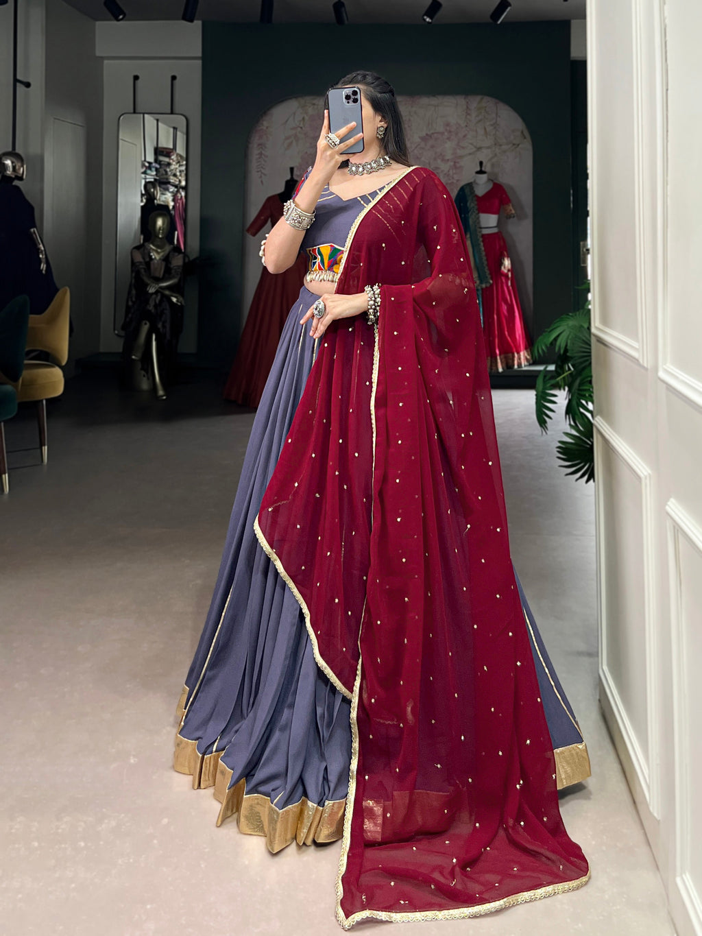 Lorenvalley Darkgrey Pure Rayon Embossed Design With Gotta Patti Lace Touch Up Lehenga Choli with Dupatta | Grocsy