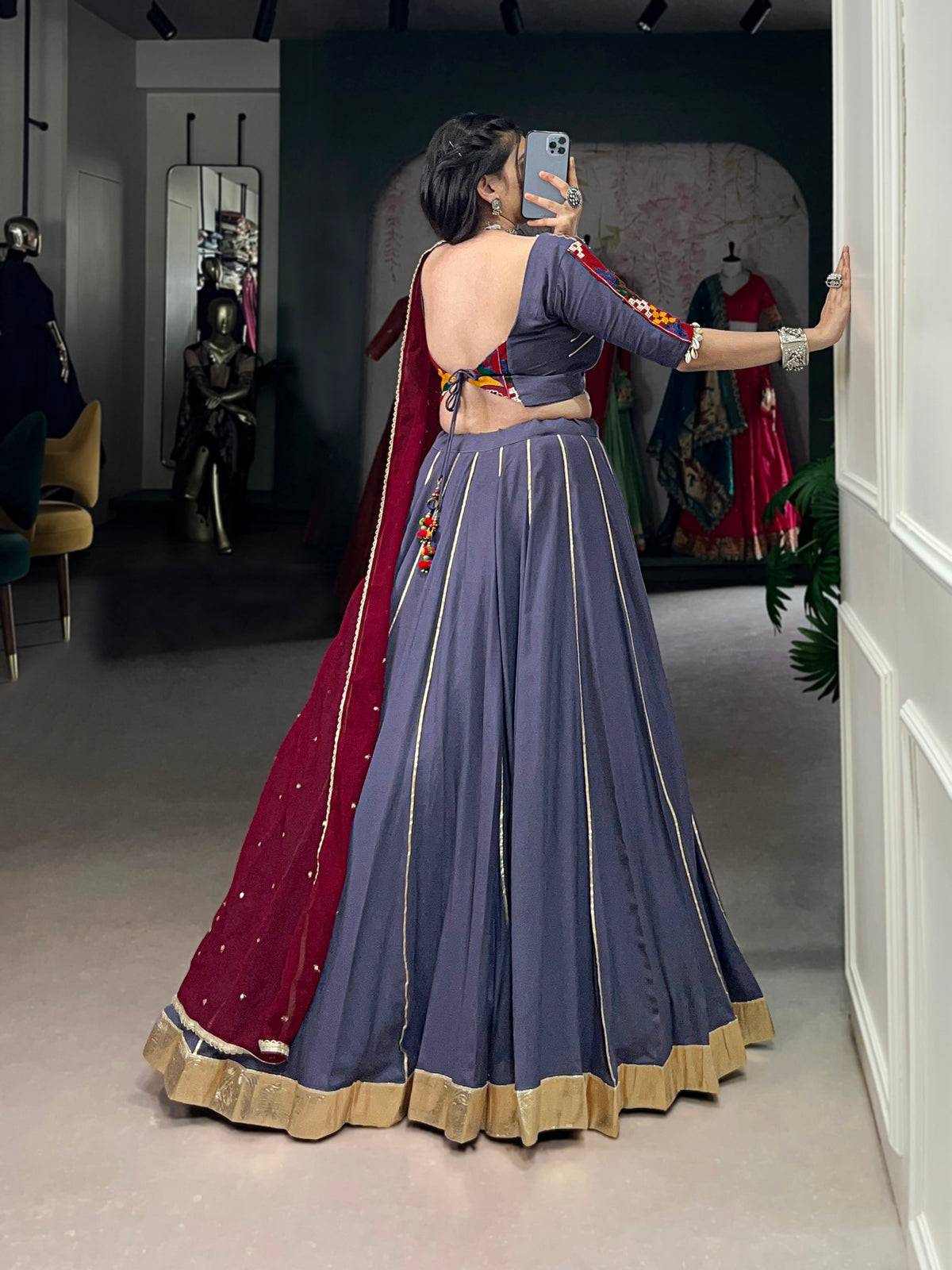 Lorenvalley Darkgrey Pure Rayon Embossed Design With Gotta Patti Lace Touch Up Lehenga Choli with Dupatta | Grocsy