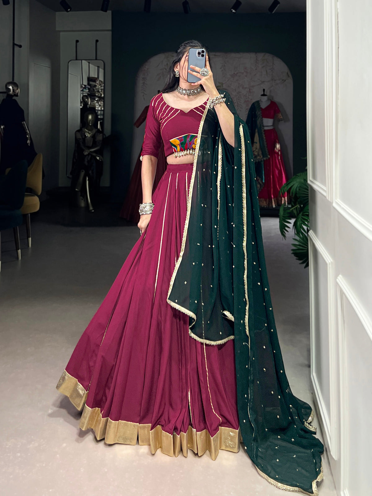 Lorenvalley Ranipink Pure Rayon Embossed Design With Gotta Patti Lace Touch Up Lehenga Choli with Dupatta | Grocsy