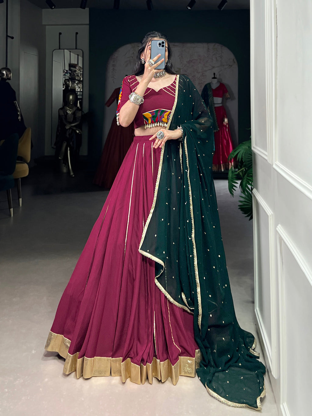 Lorenvalley Ranipink Pure Rayon Embossed Design With Gotta Patti Lace Touch Up Lehenga Choli with Dupatta | Grocsy