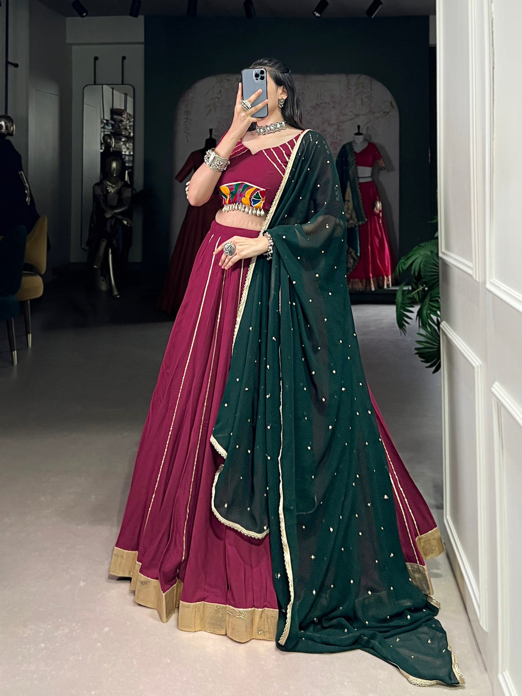 Lorenvalley Ranipink Pure Rayon Embossed Design With Gotta Patti Lace Touch Up Lehenga Choli with Dupatta | Grocsy