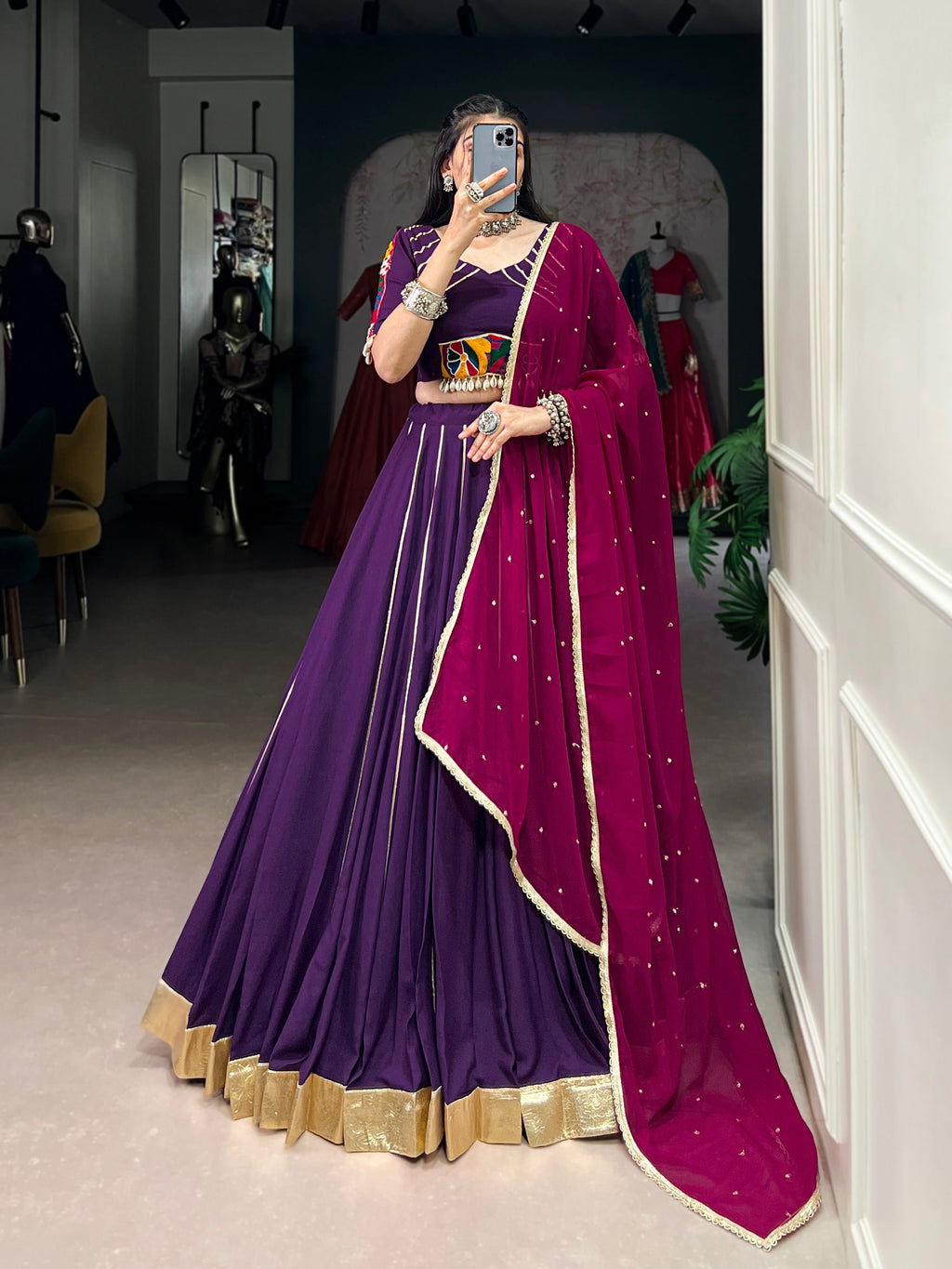 Lorenvalley Purple Pure Rayon Embossed Design With Gotta Patti Lace Touch Up Lehenga Choli with Dupatta | Grocsy