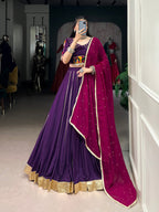 Lorenvalley Purple Pure Rayon Embossed Design With Gotta Patti Lace Touch Up Lehenga Choli with Dupatta | Grocsy