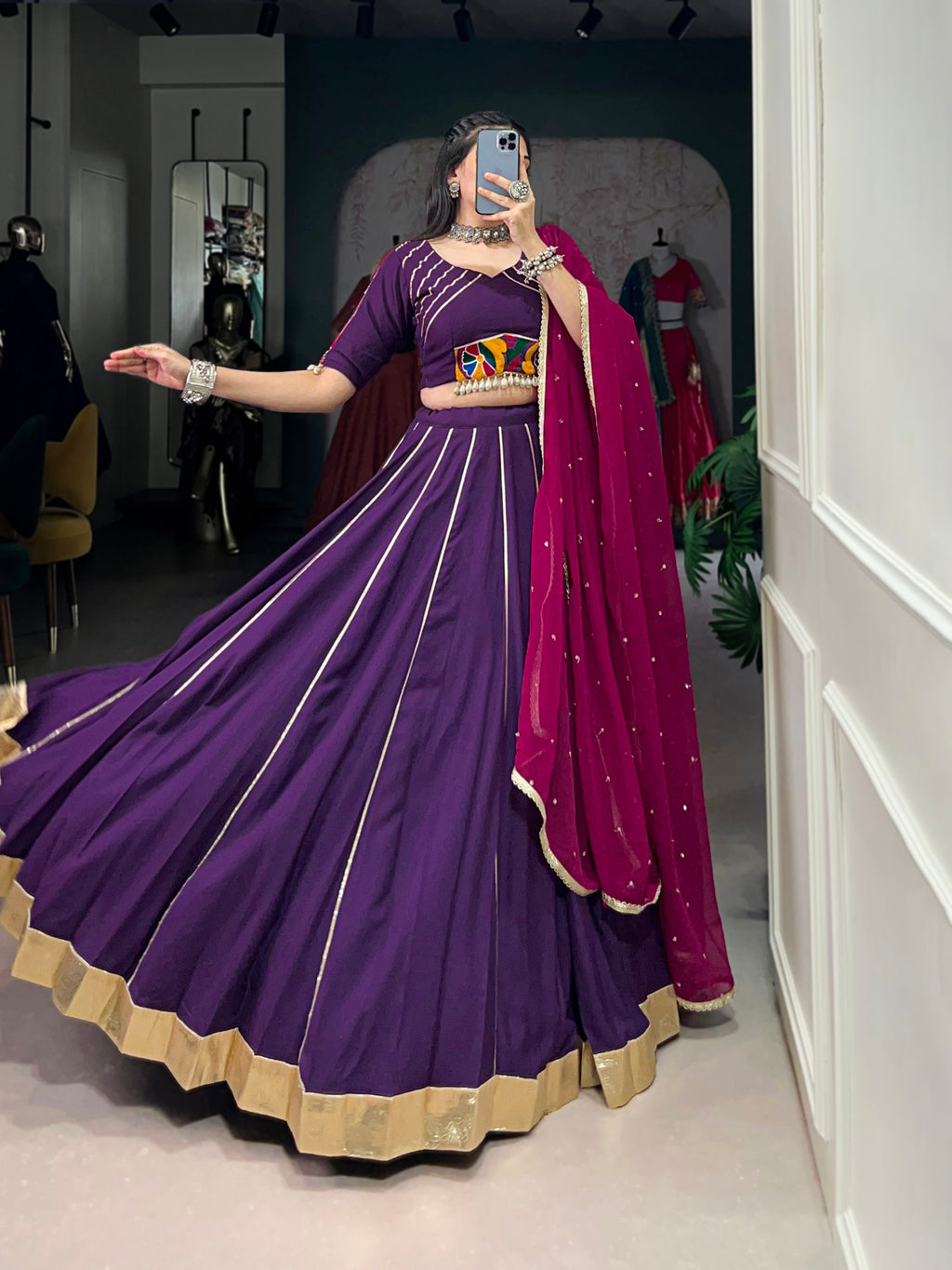 Lorenvalley Purple Pure Rayon Embossed Design With Gotta Patti Lace Touch Up Lehenga Choli with Dupatta | Grocsy