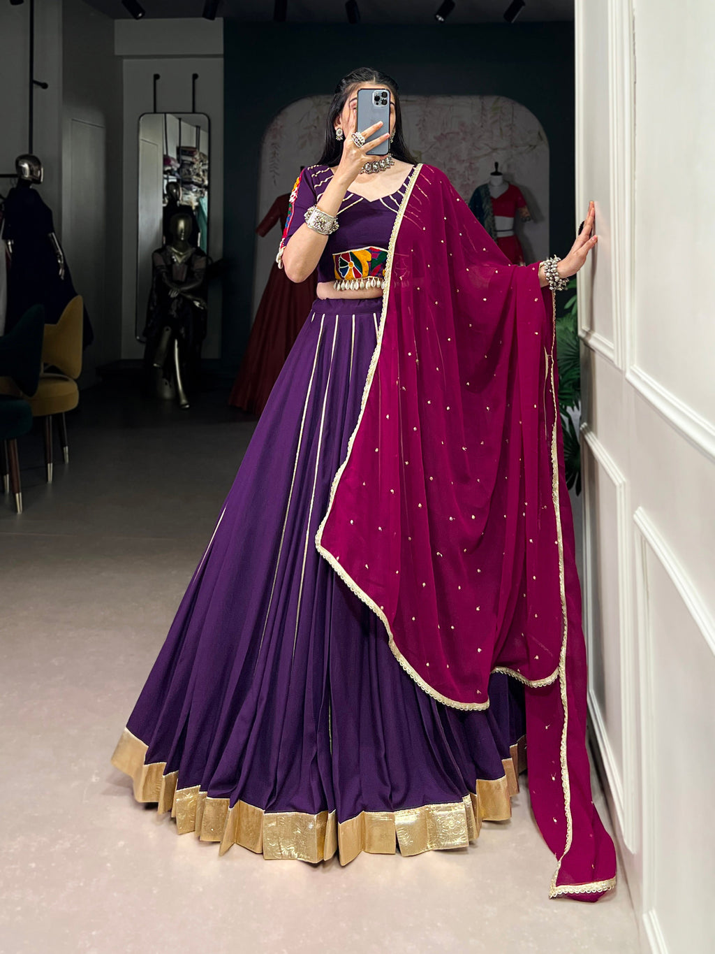 Lorenvalley Purple Pure Rayon Embossed Design With Gotta Patti Lace Touch Up Lehenga Choli with Dupatta | Grocsy