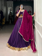 Lorenvalley Purple Pure Rayon Embossed Design With Gotta Patti Lace Touch Up Lehenga Choli with Dupatta | Grocsy