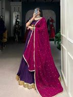 Lorenvalley Purple Pure Rayon Embossed Design With Gotta Patti Lace Touch Up Lehenga Choli with Dupatta | Grocsy