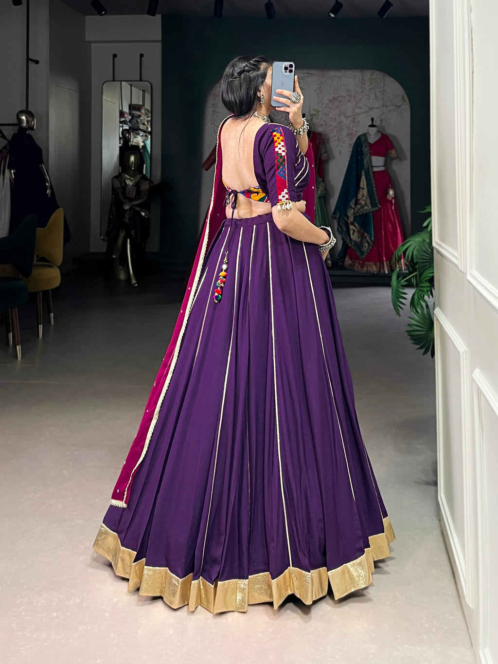 Lorenvalley Purple Pure Rayon Embossed Design With Gotta Patti Lace Touch Up Lehenga Choli with Dupatta | Grocsy