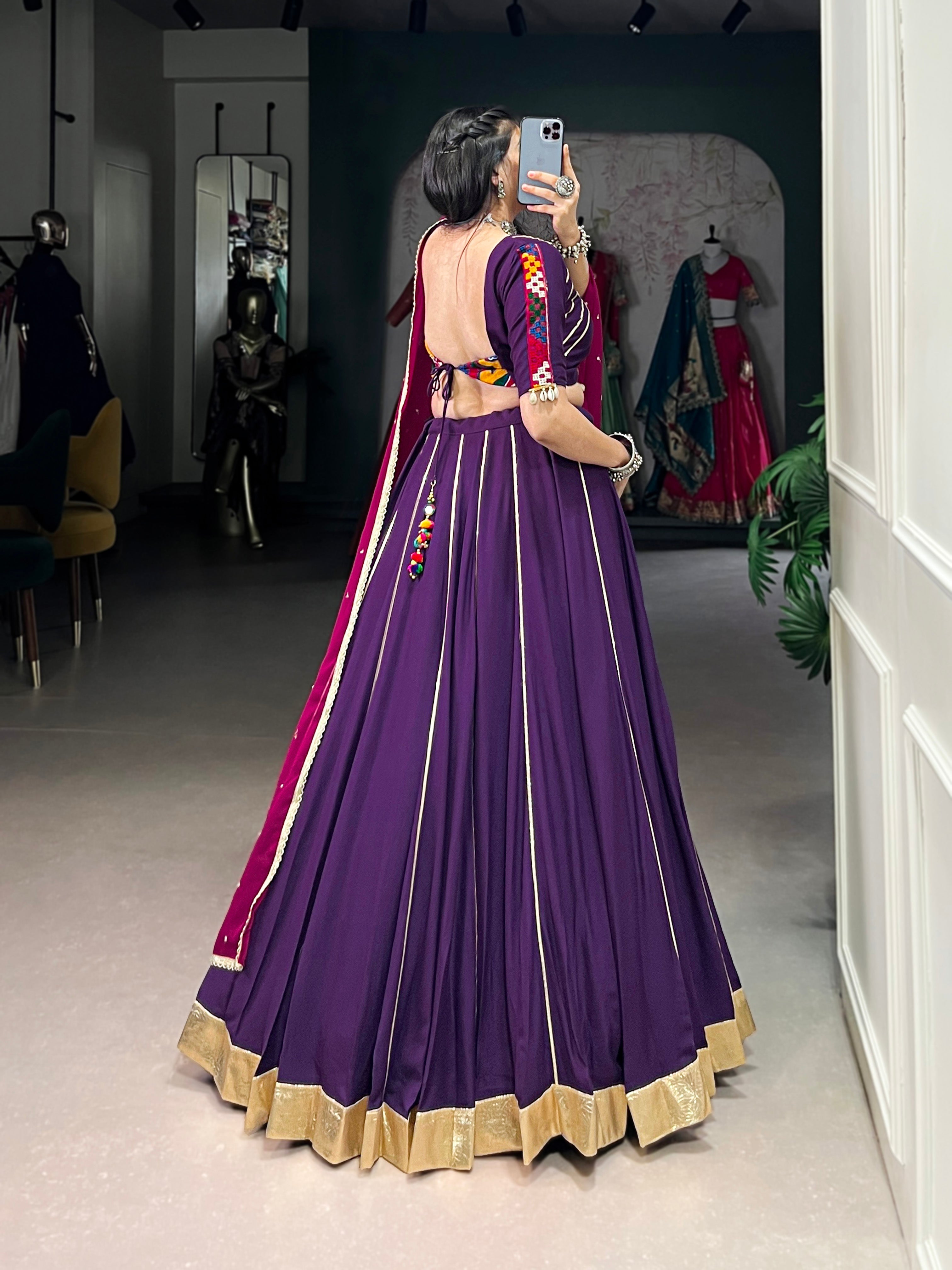 Lorenvalley Purple Pure Rayon Embossed Design With Gotta Patti Lace Touch Up Lehenga Choli with Dupatta | Grocsy