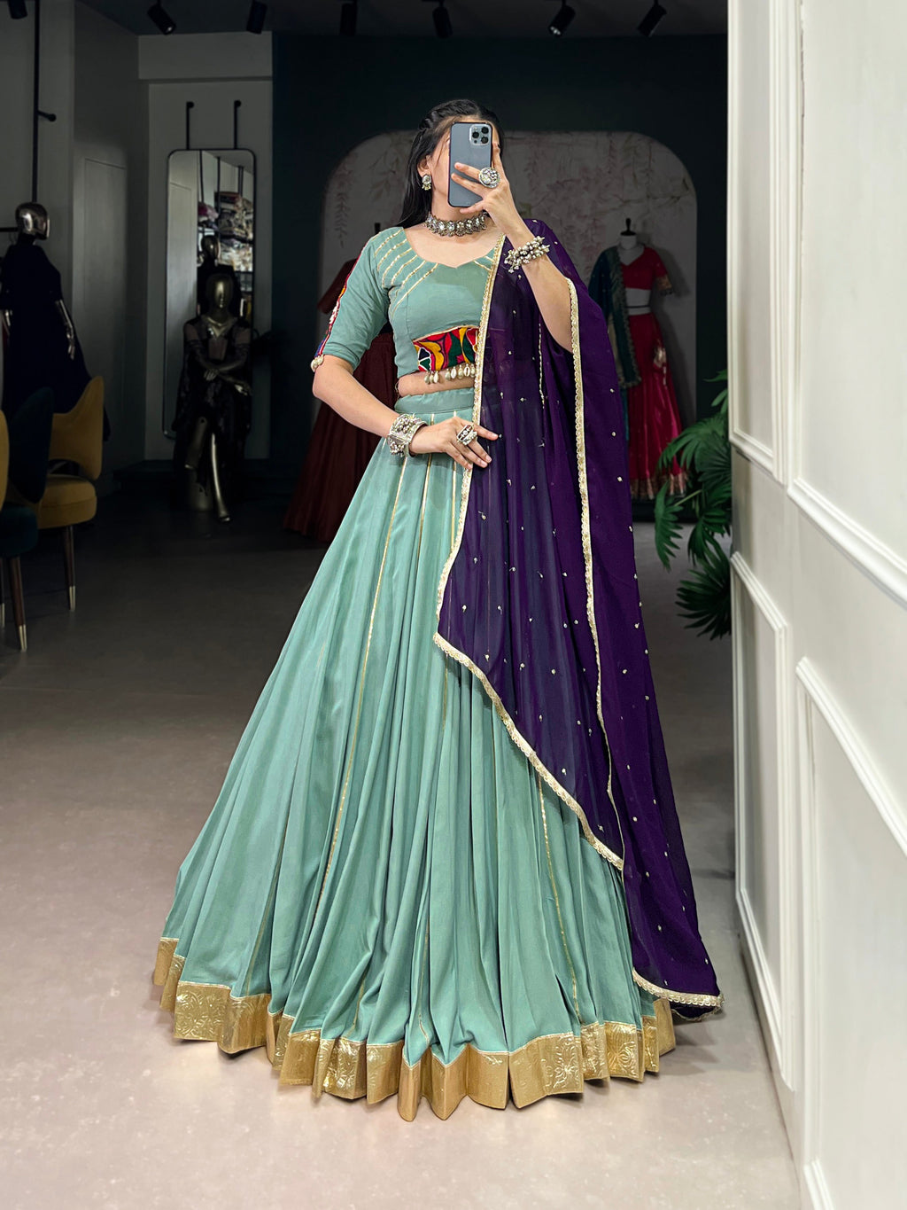 Lorenvalley Seagreen Pure Rayon Embossed Design With Gotta Patti Lace Touch Up Lehenga Choli with Dupatta | Grocsy