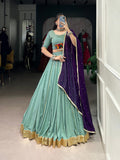 Lorenvalley Seagreen Pure Rayon Embossed Design With Gotta Patti Lace Touch Up Lehenga Choli with Dupatta | Grocsy
