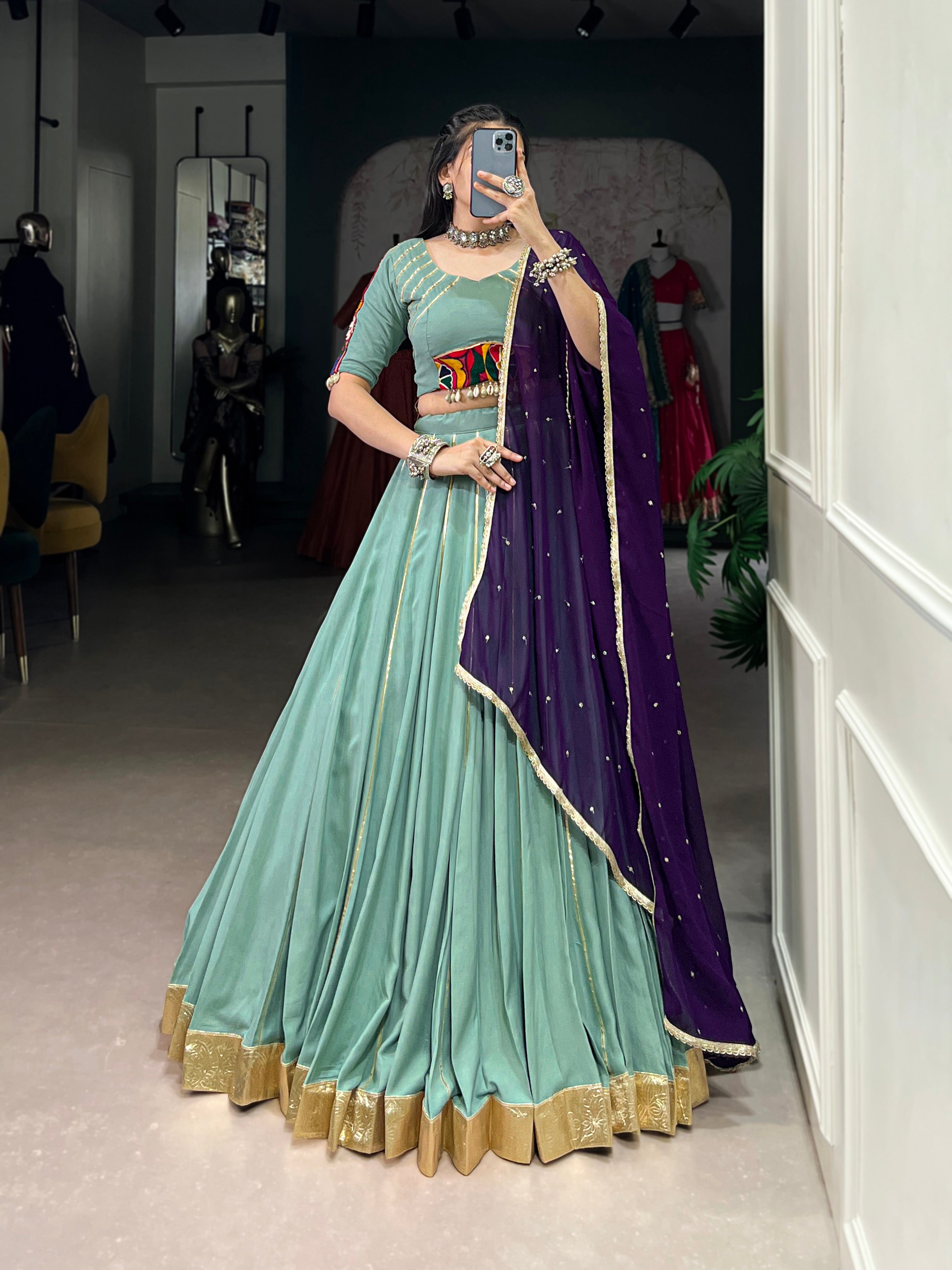 Lorenvalley Seagreen Pure Rayon Embossed Design With Gotta Patti Lace Touch Up Lehenga Choli with Dupatta | Grocsy