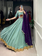 Lorenvalley Seagreen Pure Rayon Embossed Design With Gotta Patti Lace Touch Up Lehenga Choli with Dupatta | Grocsy