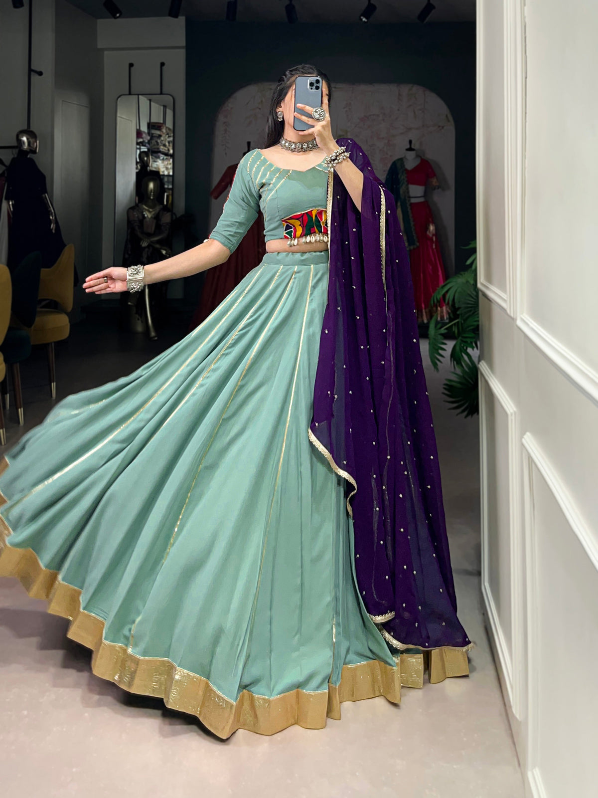 Lorenvalley Seagreen Pure Rayon Embossed Design With Gotta Patti Lace Touch Up Lehenga Choli with Dupatta | Grocsy