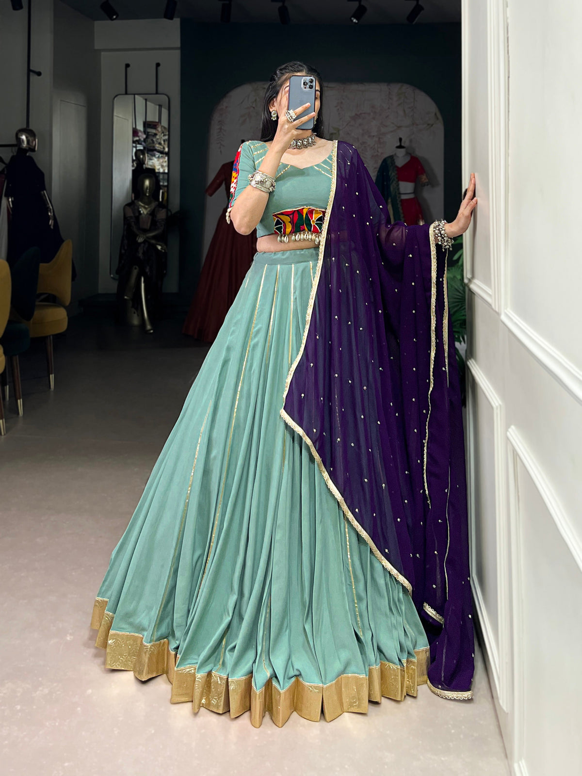Lorenvalley Seagreen Pure Rayon Embossed Design With Gotta Patti Lace Touch Up Lehenga Choli with Dupatta | Grocsy
