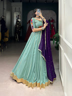 Lorenvalley Seagreen Pure Rayon Embossed Design With Gotta Patti Lace Touch Up Lehenga Choli with Dupatta | Grocsy