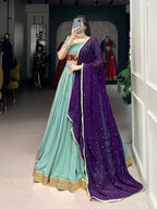 Lorenvalley Seagreen Pure Rayon Embossed Design With Gotta Patti Lace Touch Up Lehenga Choli with Dupatta | Grocsy