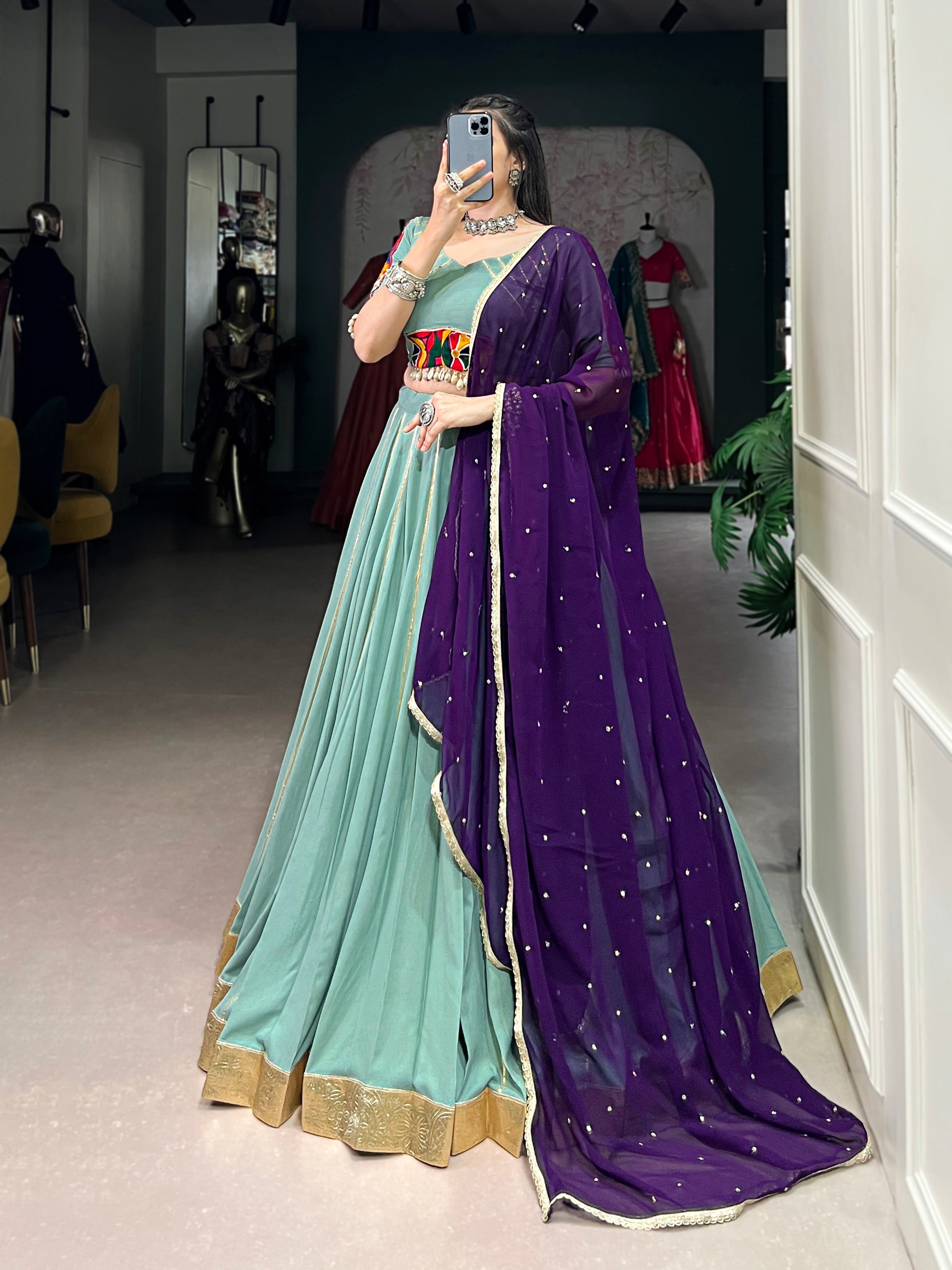 Lorenvalley Seagreen Pure Rayon Embossed Design With Gotta Patti Lace Touch Up Lehenga Choli with Dupatta | Grocsy