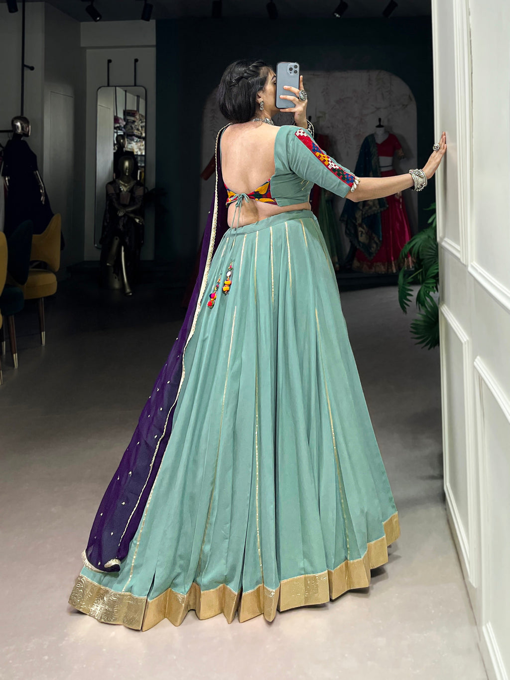 Lorenvalley Seagreen Pure Rayon Embossed Design With Gotta Patti Lace Touch Up Lehenga Choli with Dupatta | Grocsy