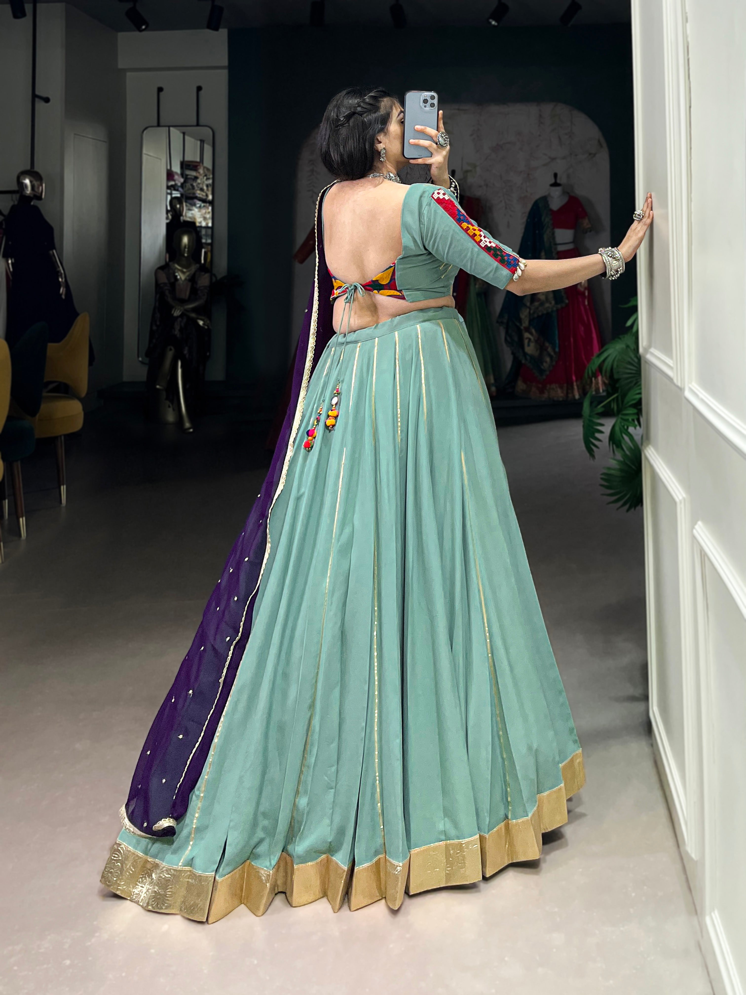 Lorenvalley Seagreen Pure Rayon Embossed Design With Gotta Patti Lace Touch Up Lehenga Choli with Dupatta | Grocsy