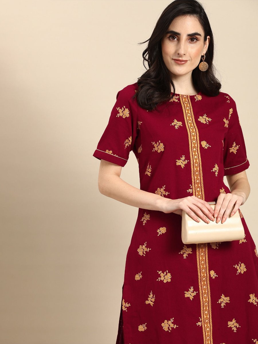 All About You Women Maroon & Mustard Yellow Floral Printed Pure Cotton Kurta with Trousers | Grocsy