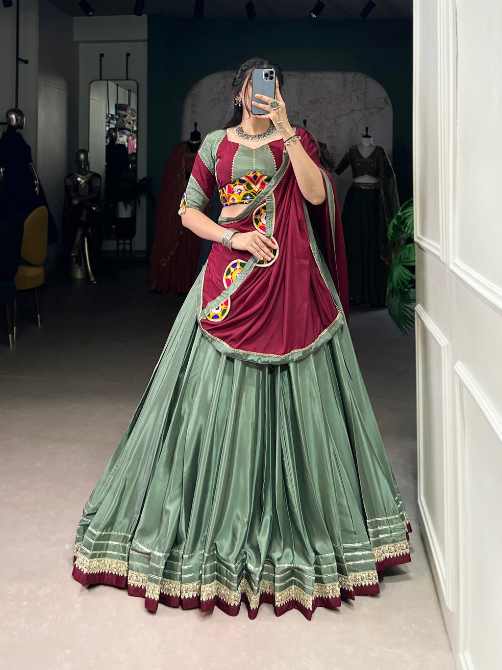 Lorenvalley Seagreen Silk Crepe Sequins And Thread Embroidery Gotta Patti Lace Touch Up Lehenga Choli with Dupatta | Grocsy