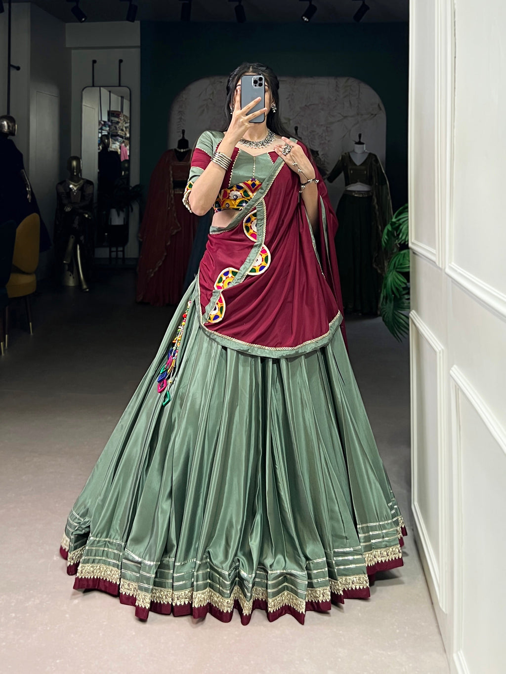 Lorenvalley Seagreen Silk Crepe Sequins And Thread Embroidery Gotta Patti Lace Touch Up Lehenga Choli with Dupatta | Grocsy