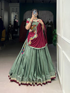 Lorenvalley Seagreen Silk Crepe Sequins And Thread Embroidery Gotta Patti Lace Touch Up Lehenga Choli with Dupatta | Grocsy