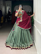 Lorenvalley Seagreen Silk Crepe Sequins And Thread Embroidery Gotta Patti Lace Touch Up Lehenga Choli with Dupatta | Grocsy