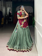 Lorenvalley Seagreen Silk Crepe Sequins And Thread Embroidery Gotta Patti Lace Touch Up Lehenga Choli with Dupatta | Grocsy