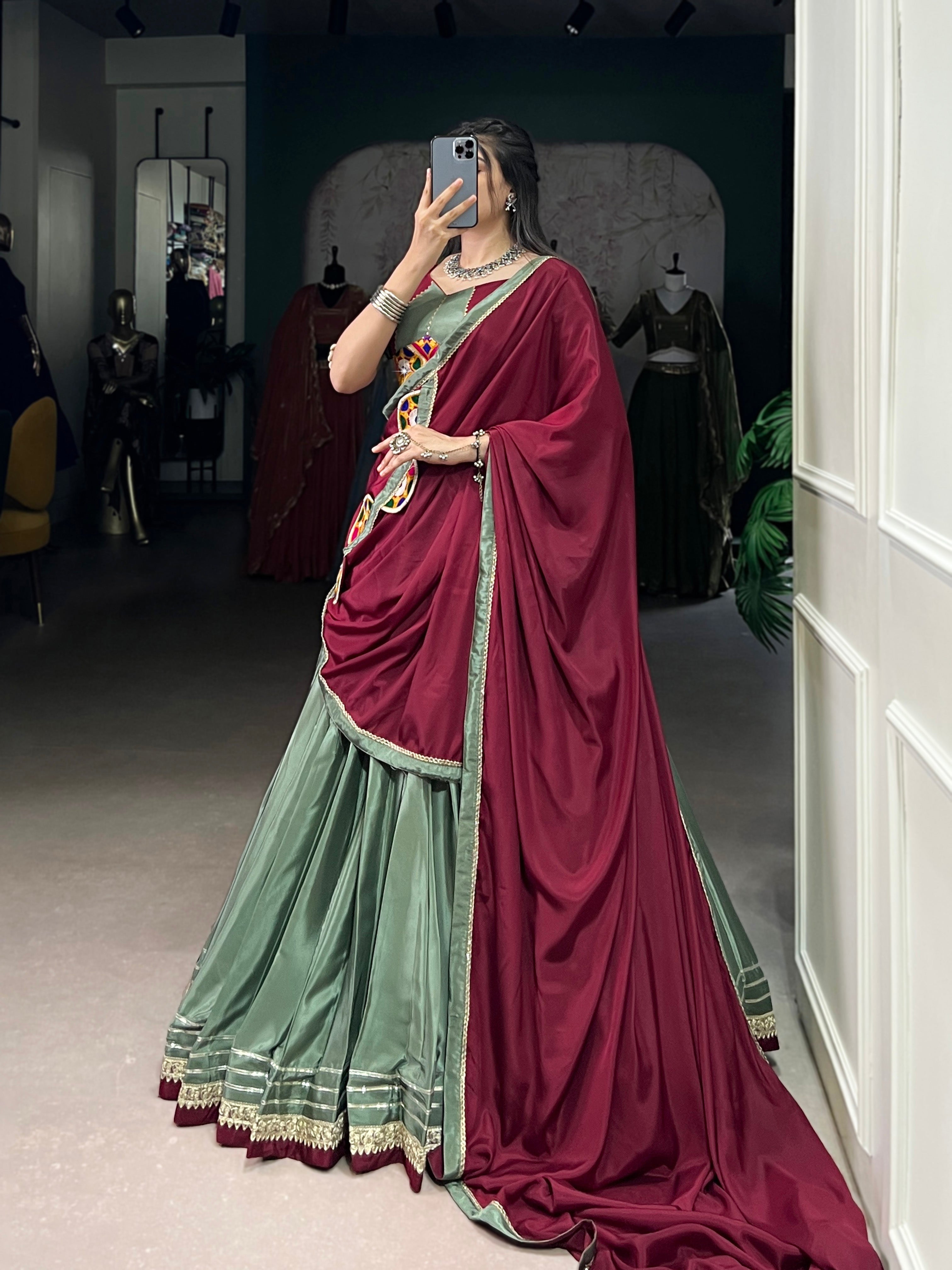 Lorenvalley Seagreen Silk Crepe Sequins And Thread Embroidery Gotta Patti Lace Touch Up Lehenga Choli with Dupatta | Grocsy