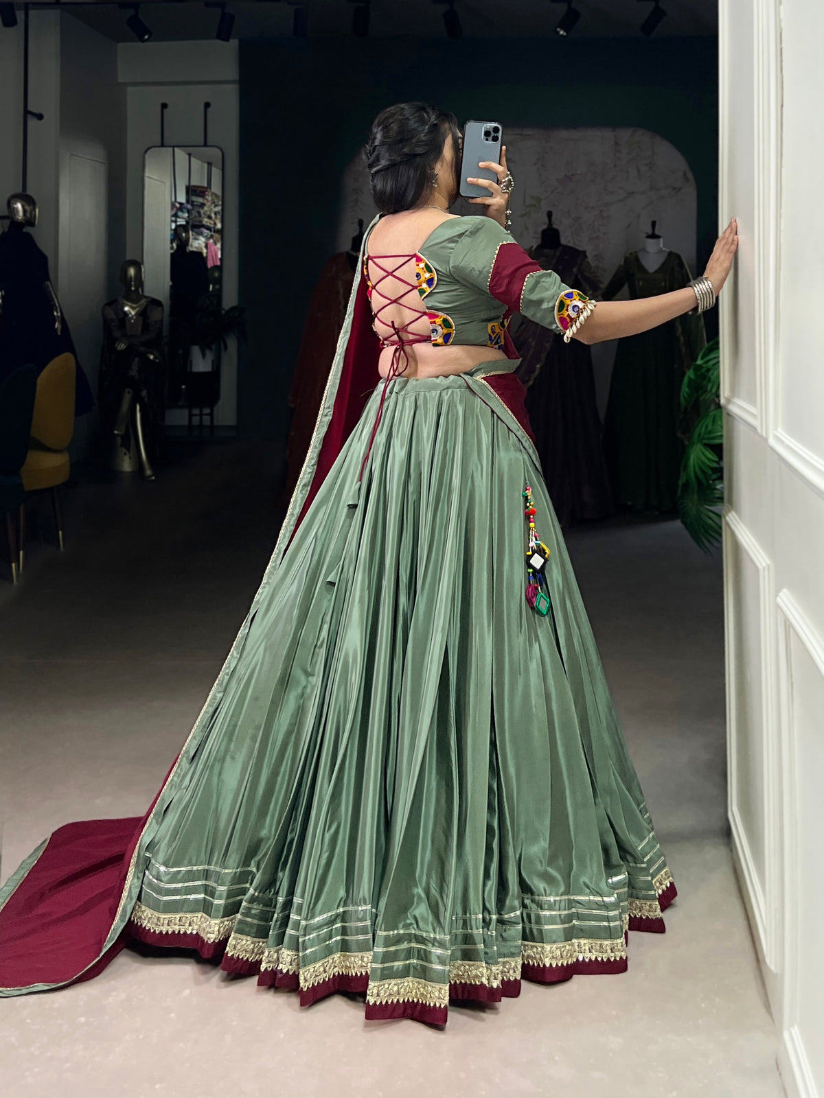 Lorenvalley Seagreen Silk Crepe Sequins And Thread Embroidery Gotta Patti Lace Touch Up Lehenga Choli with Dupatta | Grocsy