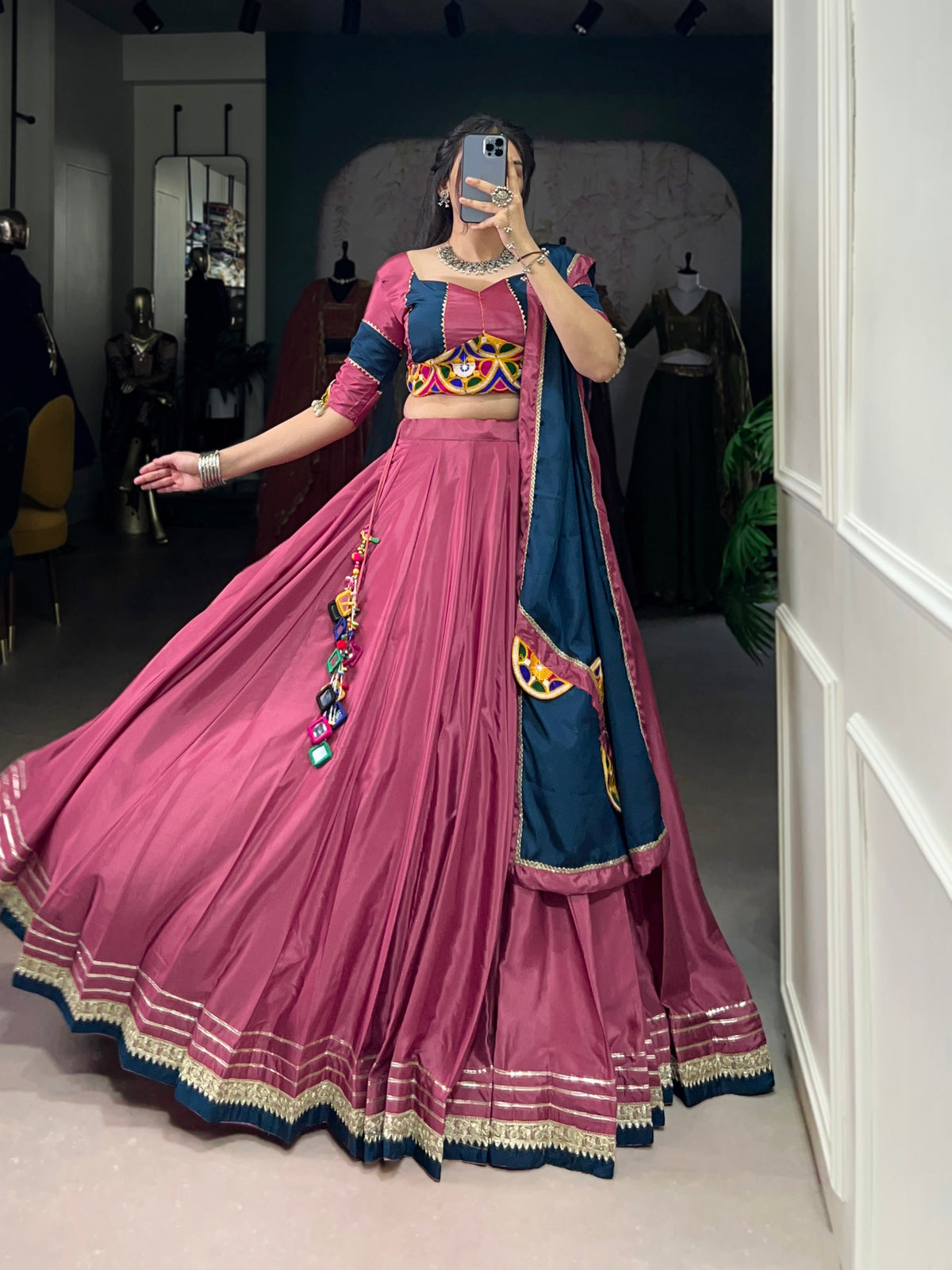 Lorenvalley Pink Silk Crepe Sequins And Thread Embroidery Gotta Patti Lace Touch Up Lehenga Choli with Dupatta | Grocsy