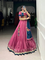 Lorenvalley Pink Silk Crepe Sequins And Thread Embroidery Gotta Patti Lace Touch Up Lehenga Choli with Dupatta | Grocsy
