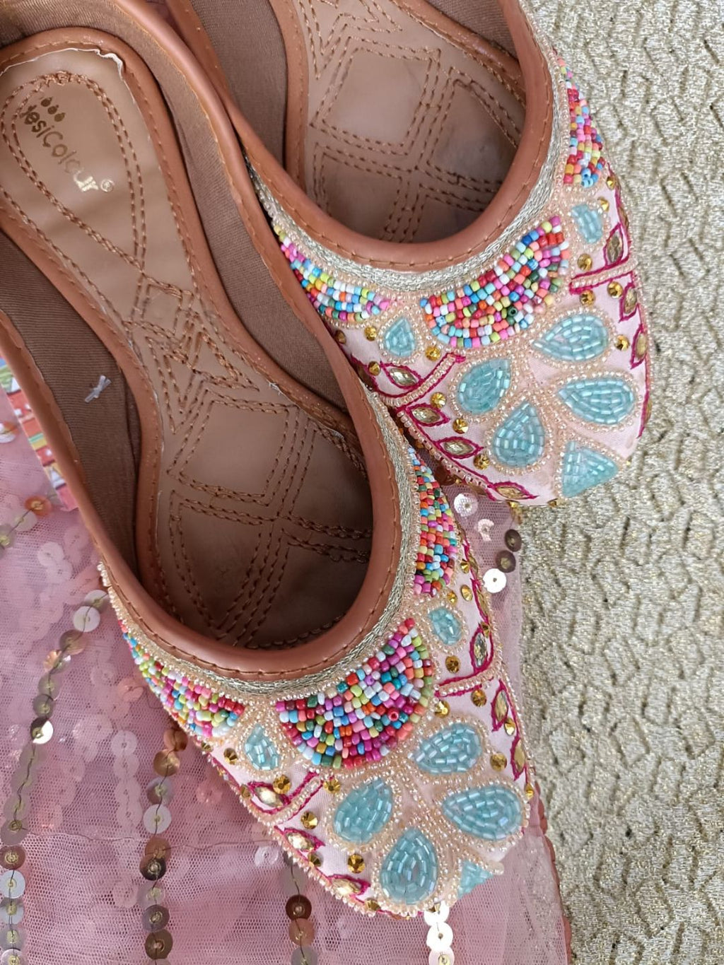 Desi Colour Women Indian Ethnic Footwear-Peach Multi Pearl | Grocsy