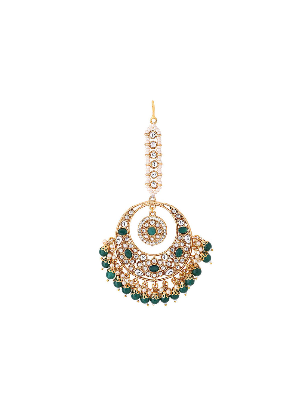 Yellow Chimes Gold-Polished White & Green Kundan-Studded & Beaded Maang Tikka | Grocsy