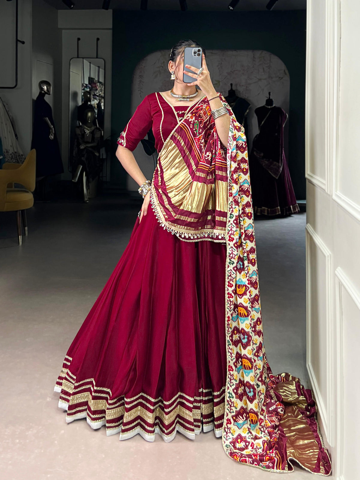 Lorenvalley Fashion Maroon Silk Georgette Lace Touch Up Lehenga Choli with Dupatta | Grocsy